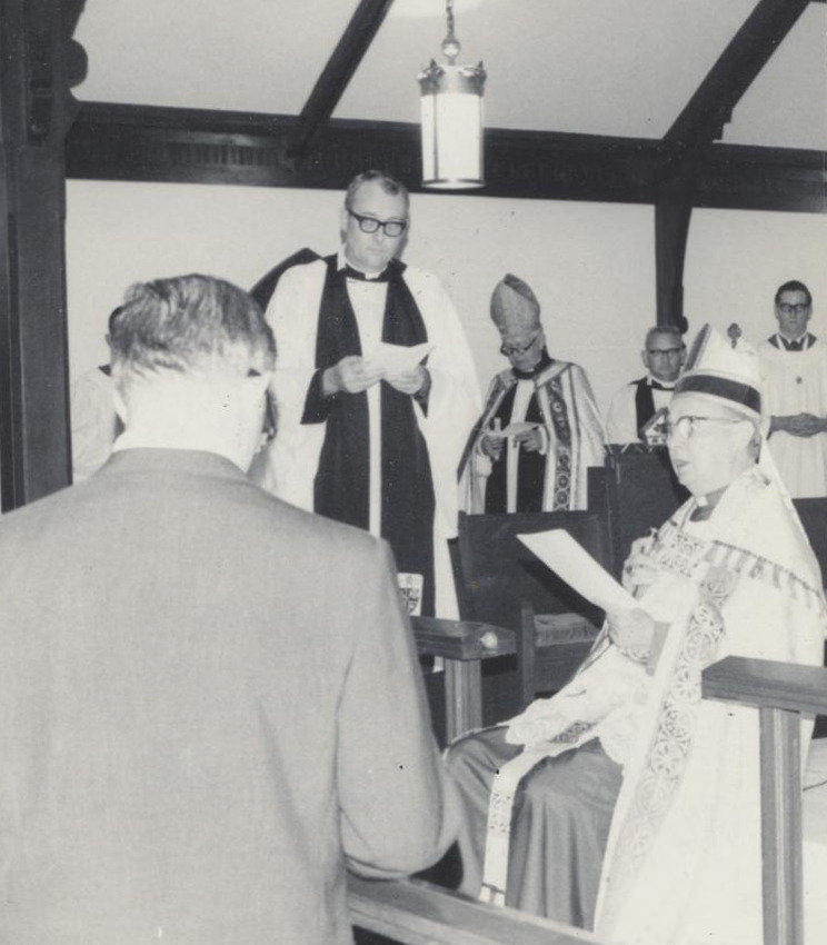 Bishop Louttit, seated, with Father John Thomas, Whitney Smith at induction of Bishop Hargrave as first Bishoop of SW Florida